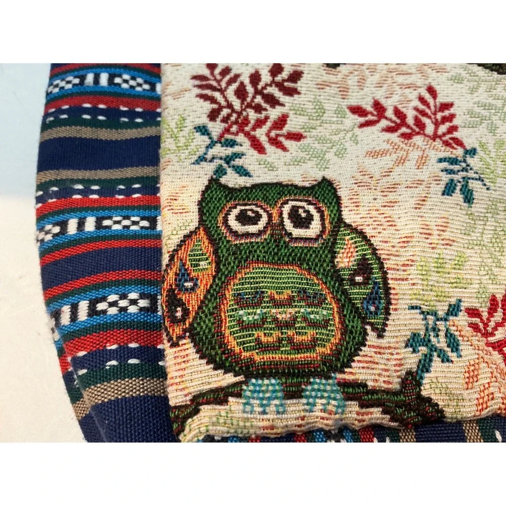 Vintage Owl Tapestry Tote Bag Boho Striped Woven Handbag Small